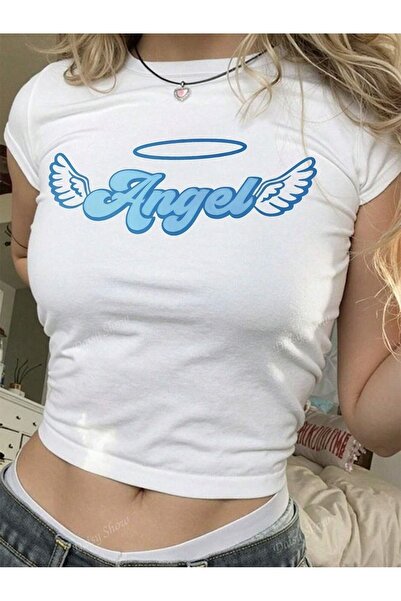 Flood Of Style Crop strâns pentru femei, alb, Angel cu imprimeu guler rotund