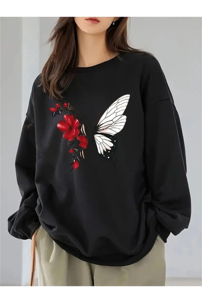 FUFLUNS سويت شيرت برقبة دائرية للجنسين للنساء/الرجال مطبوع عليه فراشة