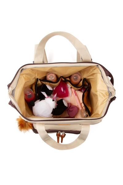 Avşar Baby Luxury Beige Leather Detailed Mother Baby Care Backpack with Pompom Keychain