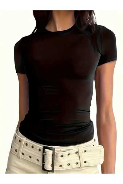 milio تي شيرت ليكرا برقبة دائرية للنساء بأكمام قصيرة