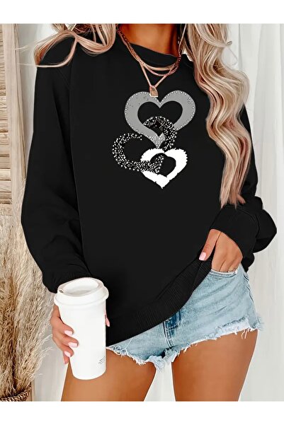 FUFLUNS 3-компонентна суитшърт с голям размер и сърцевиден принт, подходяща за жени и мъже, с цилиндричен яка