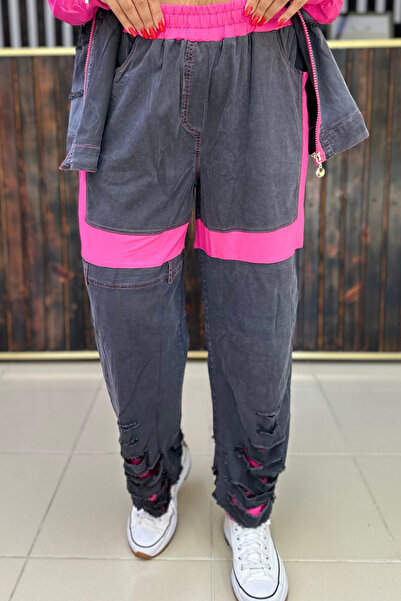 GÖKSEL YIRTIK İNCE JEAN PAMUKLU PANTOLON FUŞYA