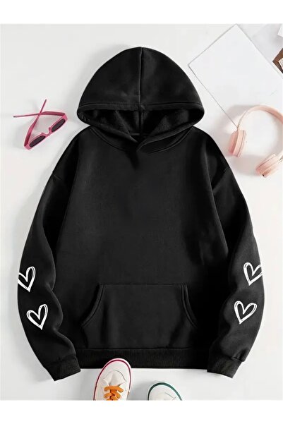 FUFLUNS سويت شيرت بقلنسوة كبير الحجم مطبوع عليه قلب للجنسين للنساء/الرجال