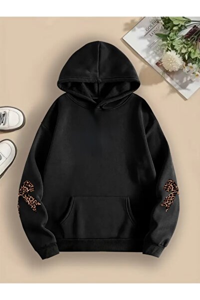 FUFLUNS Оверсайз унисекс дамска/мъжка суитшърт с качулка и принт на леопардова панделка на ръкава