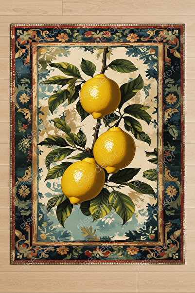 3D ELSE HALI Limon Desenli Makinede Yıkanabilir Dokuma Şönil Halı Bohem Eskit...