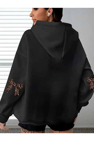 FUFLUNS Оверсайз унисекс дамска/мъжка суитшърт с качулка и принт на леопардова панделка на ръкава