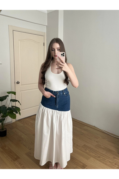 Souwe Denim Detaylı Poplin Uzun Etek