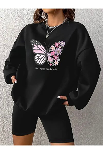 FUFLUNS سويت شيرت كبير الحجم مطبوع عليه فراشة زهرية للجنسين للنساء/الرجال برق...