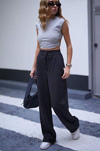 SV Sun Victoria Siyah Likralı Cepli Premium Kumaş Palazzo Pantolon