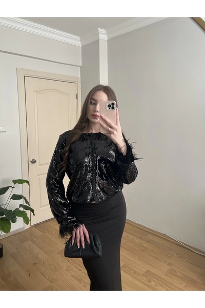 Souwe Kolları Otrişli Payetli Siyah Ceket