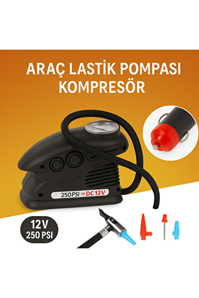 AUTO ELİTE Oto Lastik Şişirme Pompası 12V Çakmaklık Girişli Kompresör 250 PSI Metal