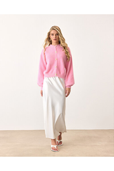 Lusin Γυναικεία ροζ κομψή ζακέτα με λεπτομέρεια με μαργαριταρένια κουμπιά, πολυτελής ποιότητας μαλακό πλεκτό