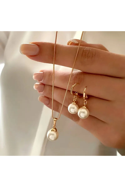 İnci Mercan Bujiteri İnci Kolye ve Küpe - İkili Takım İnci Set