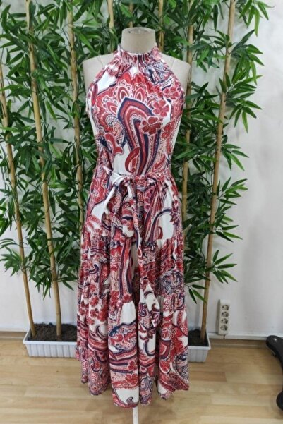 Mossta Halter Neck Belted Patterned Single Jersey Dress - Burgundy