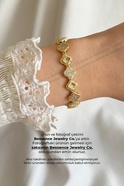 Bessence Jewelry Co Zirkon Taşlı Yonca Model 14K GOLD VIP Çelik Bileklik - 17...