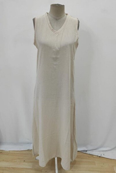 Mossta V Yaka Kolsuz Salaş İthal Keten Elbise - Bej