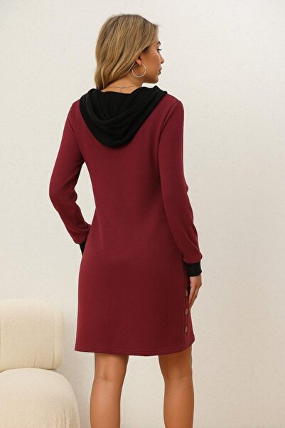 Mossta Hooded Zippered Short Two-Thread Dress - Burgundy