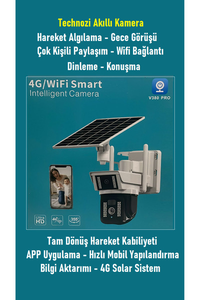 technozi Solar Panelli, Güneş Enerjili, SIM Kartlı 4G, Hareket Algılama Sesli...