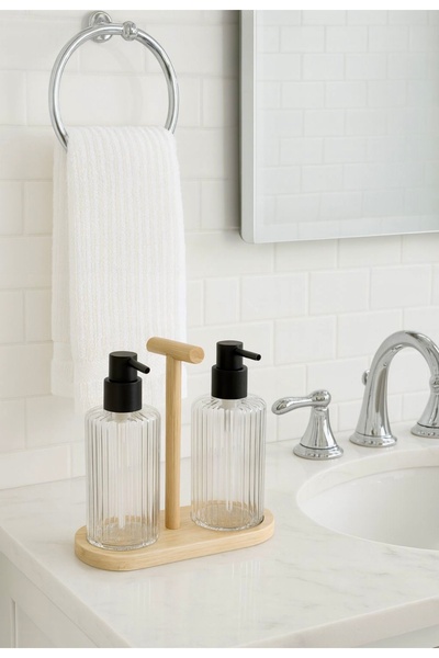 Pembelia Life Glass 2-Piece Soap Dispenser Set with Bamboo Stand, Kitchen, Bathroom Liquid Soap Dispenser Detergent Bottle