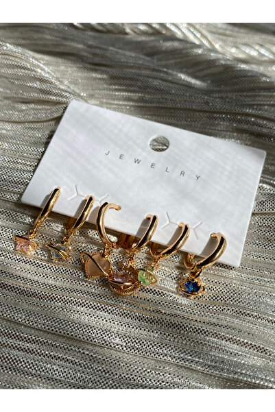 Fashion'S Kadın Gold Renk Çelik 6'lı Çoklu Renkli Taşlı Yıldız Gezegen Küpe Seti