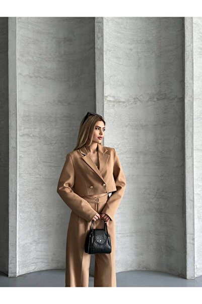 vesantia Women's Mink Double Buttoned Drum Fabric Crop Blazer Jacket & High Waist Palazzo Pants Set