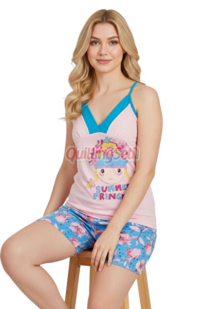 quilling Blue Powder Color Patterned 7652 Cotton Viscose Lycra String Strap Collar Shorts Pajama Set