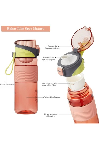 tüftürük Vagon Life Tkk 550ml Water Bottle with Strap, Strainer and Lockable Lid, Without Straw
