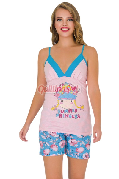 quilling Blue Powder Color Patterned 7652 Cotton Viscose Lycra String Strap Collar Shorts Pajama Set