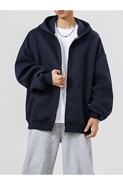 EXPECTED Erkek Lacivert 3 İp Oversize Kapüşonlu Fermuarlı Hırka Sweatshirt Hoodie Şardonlu