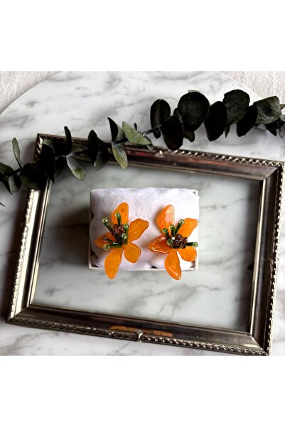 Trevi Accessories Marka Turuncu Kristal Boncuk Detaylı Çiçek Küpe