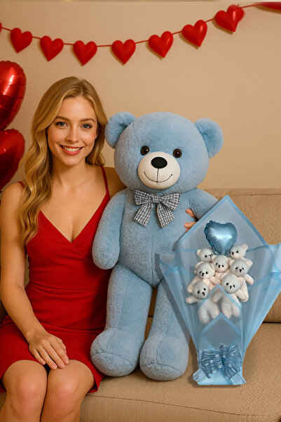 Sole Sevgiliye Hediye 90 Cm Peluş Ayı Ve Mavi Balonlu Ayıcık Buketi Özel Gün Sevgililer Günü Hediyesi