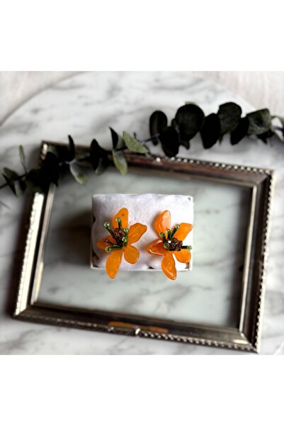 Trevi Accessories Marka Turuncu Kristal Boncuk Detaylı Çiçek Küpe