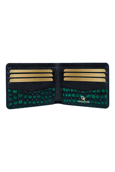 GT Collection Men's Croc-Print Wallet - Green Genuine Leather Size: 11cm x 8.8cm x 0.9cm