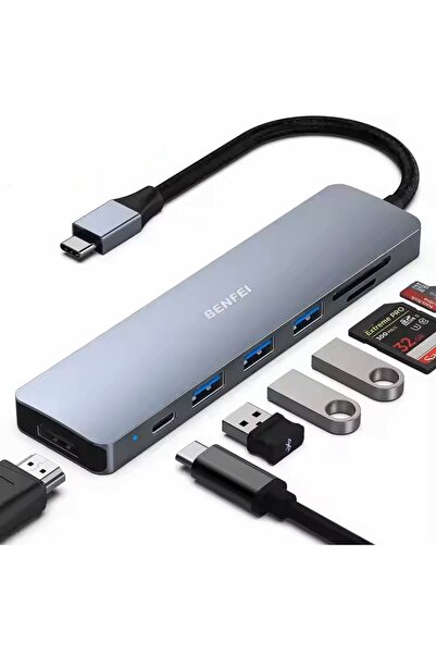 BENFEI Hub USB-C 7 în 1, HDMI 4K 60Hz, 3 x USB 3.0, Cititor de carduri SD/TF, Încărcare Power Delivery 100W