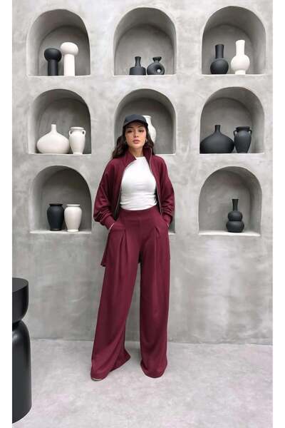 Cardella Premium Quality Women's Double Set with Pleated Detail Wide Leg Pants