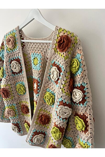 Quezzquality Square Motif Rose Hand Knitted Cardigan Jacket, Compatible with Sizes 36-42
