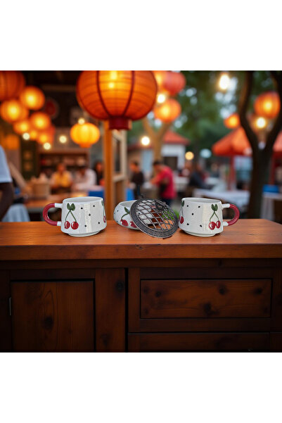 İlbay Çini Takı 2 Handcrafted Ceramic Mugs with Cherry Pattern and 1 Poyraz Sugar Bowl