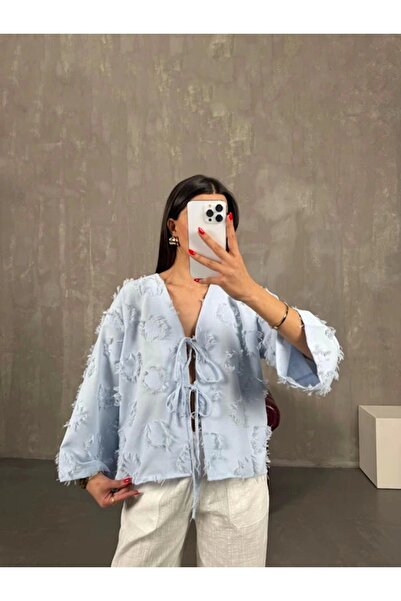 URİS Women's Blue Tassel Detailed Tied Seasonal Summer Premium Linen Shirt