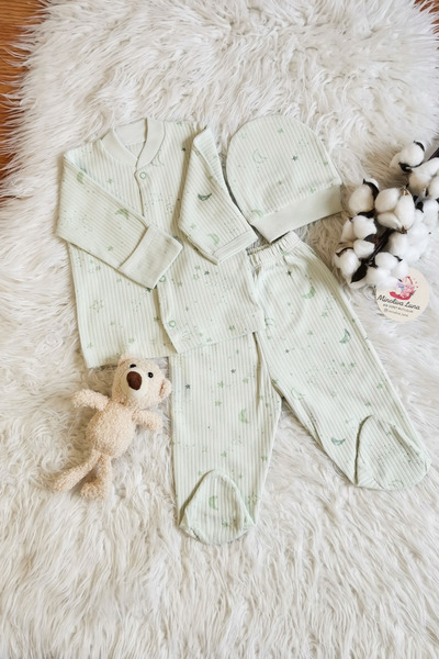 Minoliva Luna Yeşil ay yıldız desenli 3lü bebek tkımı üst+alt+şapka %100 pamu...