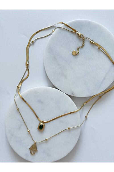 CHARMLUCKY ÇELİK YEŞİL-HAMSA 2Lİ KOLYE