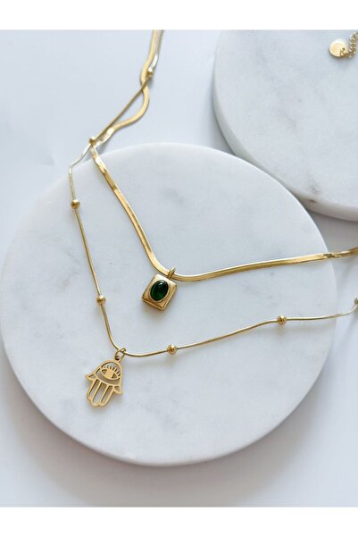 CHARMLUCKY ÇELİK YEŞİL-HAMSA 2Lİ KOLYE
