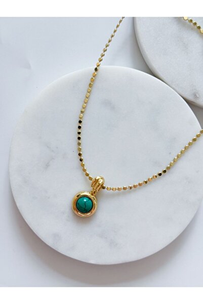CHARMLUCKY Steel Green Stone Quadrangle Chain Necklace