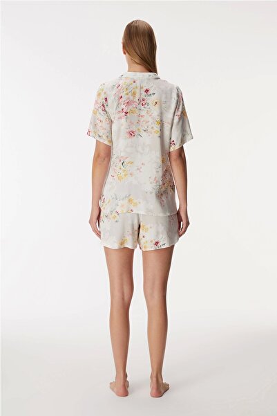 buHillco Anıl 11355 Patterned V-Neck Short Sleeve Shirt and Shorts Women's Pajama Set