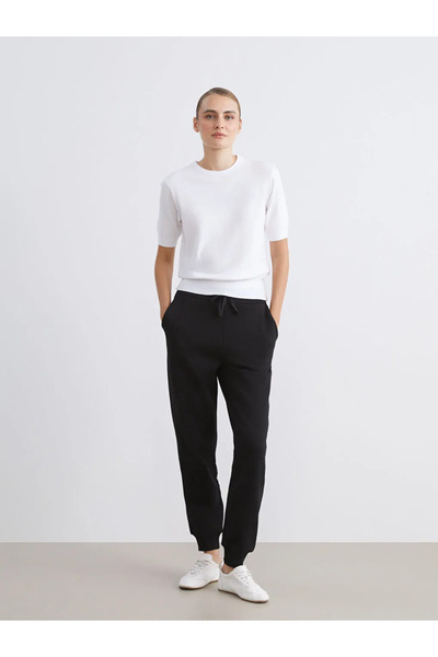LC Waikiki LCW ModestSiyah Beli Lastikli Kadın Kalın Jogger Eşofman Altı