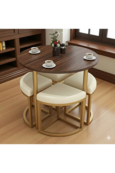 EDMONDA EV AKSESUAR ALARA GOLD METAL YUVARLAK YEMEK MASASI TAKIMI 4 KİŞİLİK B...