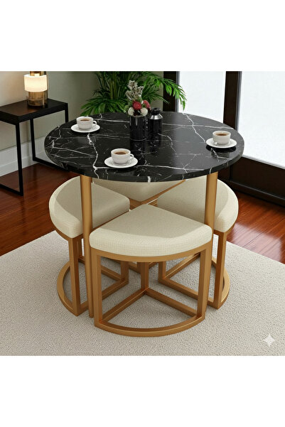 EDMONDA EV AKSESUAR ALARA GOLD METAL YUVARLAK YEMEK MASASI TAKIMI 4 KİŞİLİK BALKON MASASI TAKIMI MUTFAK MASASI