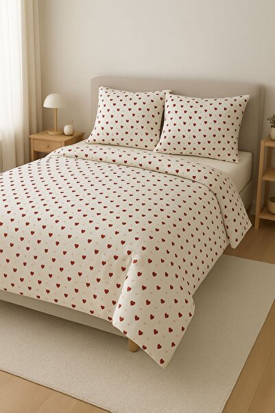 ayçiçek home طقم غطاء لحاف وملاءة سرير مزدوجة 200*220 بدون مطاط، ملاءة حمراء بنقش قلوب بينترست