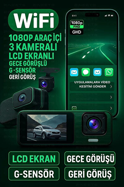 Clevora Wifi 1080p Araç içi 3 Kameralı Lcd Ekranlı Gece Görüşlü , G-sensör , ...