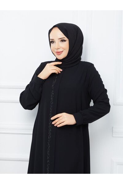 Zeynep Tesettür Arkası A Kesim Taşlı Ferace - Siyah - 50