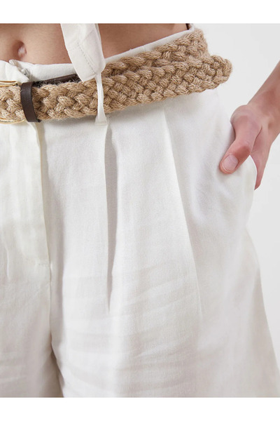 LC Waikiki Women's Pleated Shorts with Belted Linen Blend